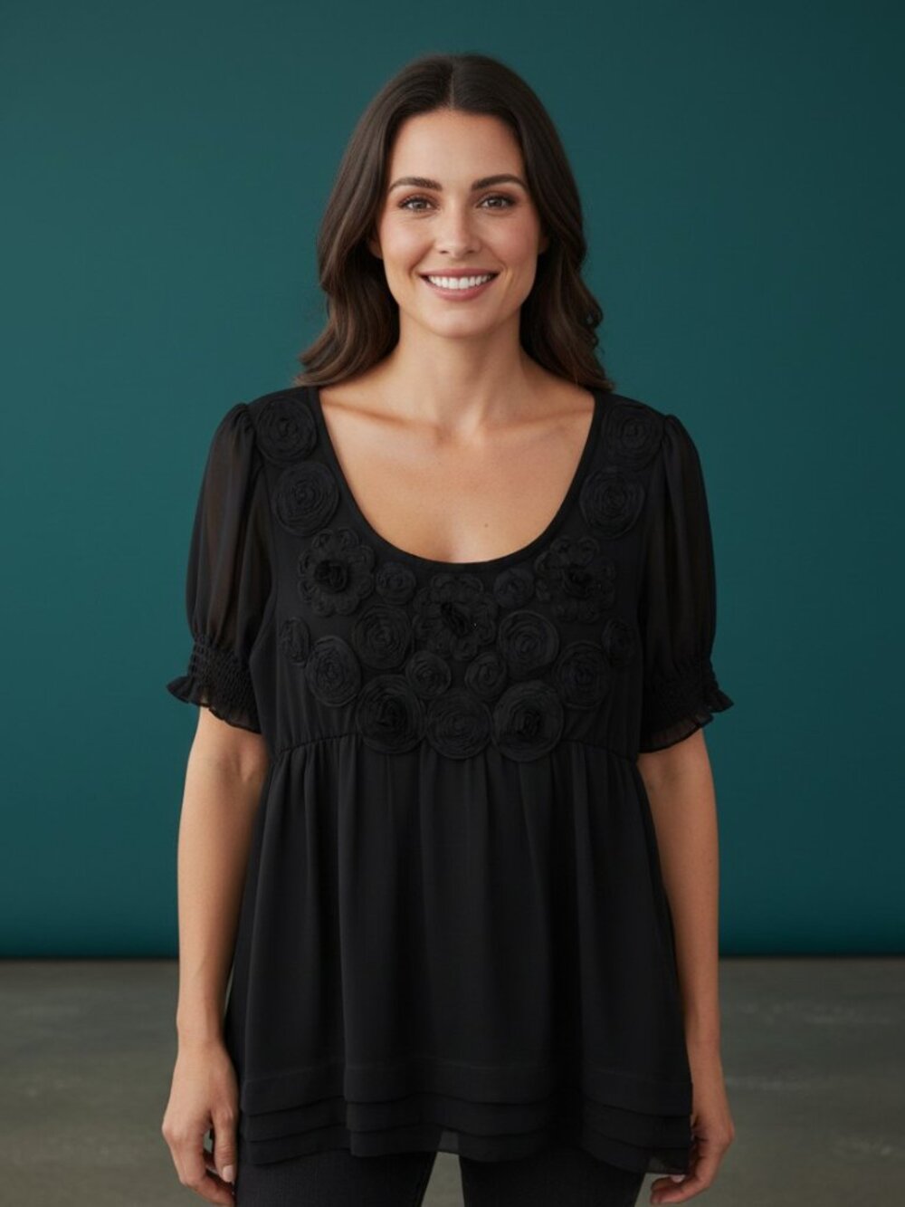 Adiva Black Floral Appliqué Rosette Scoop Neck Blouse